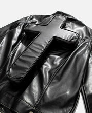 Load image into Gallery viewer, Faux Leather Perforated Trucker Jacket W/Cross (Black)
