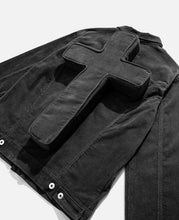 Load image into Gallery viewer, Corduroy Perforated Trucker Jacket W/Cross (Grey)
