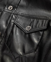 Load image into Gallery viewer, Faux Leather Perforated Trucker Jacket W/Cross (Black)
