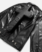 Load image into Gallery viewer, Faux Leather Perforated Trucker Jacket W/Cross (Black)
