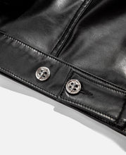 Load image into Gallery viewer, Faux Leather Perforated Trucker Jacket W/Cross (Black)
